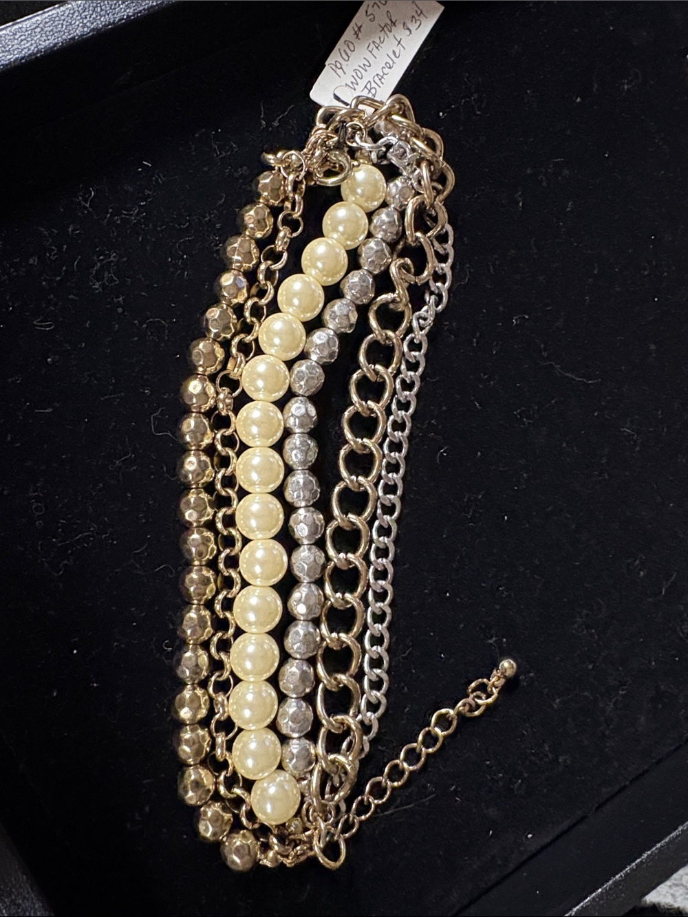 Multi-Row Gold Silver and Pearl Chain Bracelet